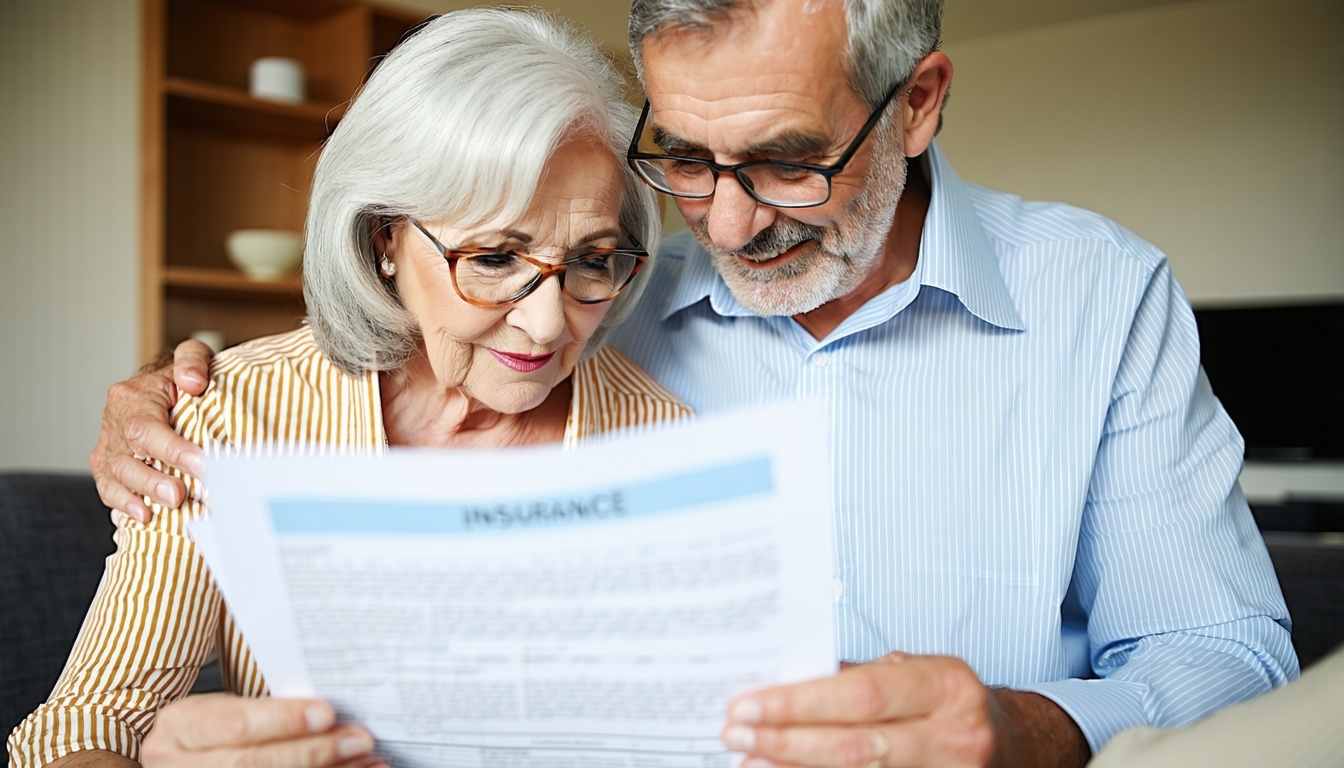 Senior couple reviewing life insurance documents at home